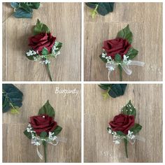 four different pictures of flowers with leaves and pearls on them, all arranged in the same arrangement