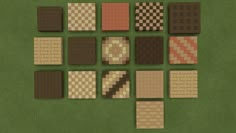 a bunch of different types of tiles on a green surface with white and brown squares