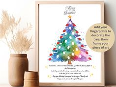 a watercolor christmas tree is displayed in front of two vases with dried grass