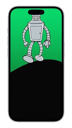 an iphone case with a cartoon robot on the phone cover, and green back ground