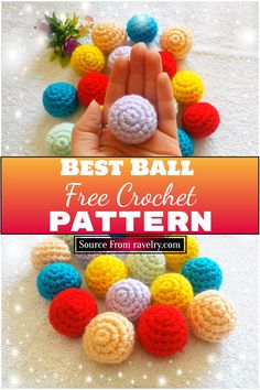 the crochet ball is being held by someone's hand and surrounded by small balls