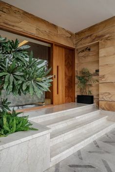 some plants are sitting on concrete steps in front of a wooden wall and door that leads to another room