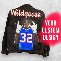 Stand out from the crowd with this sports jean Jacket for Women, a unique and personalized denim jacket that features a hand-painted portrait of your favorite football player. Made from high-quality denim and painted with special acrylic paint for fabric, this jacket is both stylish and durable. The portrait can be made from a photo you provide, ensuring a truly custom piece of clothing that represents your support for your favorite player. The jean Varsity Jacket for Women makes a great gift for your football-loving girlfriend, wife, or friend. It is perfect for game day or any casual occasion when you want to show off your favorite player or team. The jacket is easy to clean, and the portrait design will not wash off, ensuring a long-lasting product that you will cherish for years to com Jean Jacket Football, Football Jean Jacket, Paint For Fabric, Loving Girlfriend, Cheer Stuff, Hand Painted Denim Jacket, Painted Denim Jacket, Leather Wedding, Portrait Design