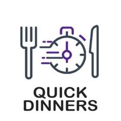 the logo for quick dinners is shown with fork, knife and clock on white background