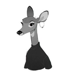 a drawing of a deer wearing a black sweater and earring, with the head turned to look like it's looking straight ahead