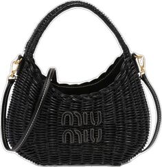 Luxury Black Straw Bag With Adjustable Strap, Luxury Black Straw Shoulder Bag, Designer Black Straw Bag With Top Handle, Designer Black Straw Bag With Woven Leather, Luxury Black Straw Bag With Handles, Black Top Handle Straw Bag For Evening, Black Straw Bag With Detachable Handle, Shoulder Bag Black, Miu Miu