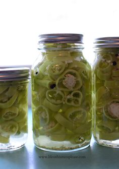 four mason jars filled with pickled green beans and onions, all labeled easy refrigerator pickled banana peppers