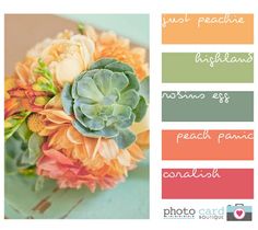 an image of a bouquet with flowers on it and the words peaches, peaches, oranges, and cauliflower