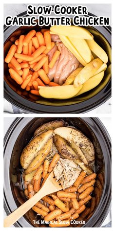 slow cooker chicken and carrots in the crock pot with text overlay