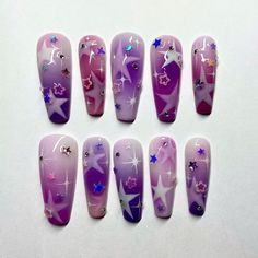 🙏 Thank you for stopping by and supporting a small business!💖 ⭐⭐ Get your salon quality nails at home with Lisa Press On Nails ⭐⭐ All sets are made with GEL nail polish with 4-6 layers of coating. These nails are reusable, if you take it off right. For instruction, please message me. ⭐⭐ Each set comes with 10 handmade press on nails, a mini file, a mini buffer, a cuticle stick. ⭐⭐ Measurements Please measure your own nail and find your size from our picture guide. We totally can do custom size as your request, just help us to add your nail size in mm or your nail tips number, we will process accordingly without any extra charges. Message me if you are unsure about the size/length. If you're not for sure about your measurements, go up on the size because you can always file them down afte Ombre Nails With Stars, Holiday Nails Acrylic, Fairycore Nails, Nails Unique Design, Purple Press On Nails, Nail Holiday, Nails With Stars, Nail Wedding, Purple Ombre Nails