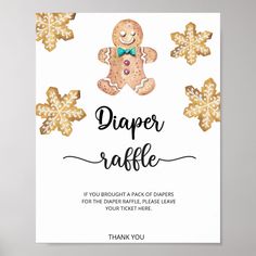 a white card with gold foil snowflakes and a ginger on it that says, diaper raffle