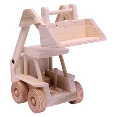 a wooden toy truck with a tray on it's back and wheels attached to the front