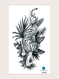 a black and white drawing of a tiger in the jungle with leaves on it's back