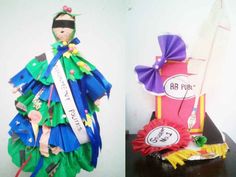 two pictures of different items made out of paper and ribbons, one with a ribbon on it