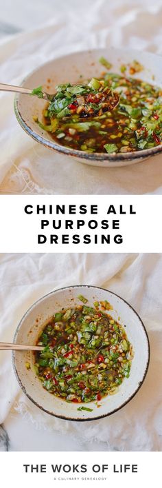 two plates with different types of food on them and the words, chinese all purpose dressing