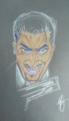 a drawing of a man with blue eyes and a smile on it's face