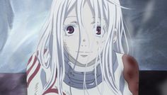 an anime character with long white hair and red eyes