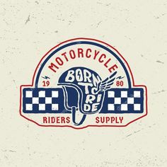 the logo for motorcycle riders supply is shown in red, white and blue on a beige background