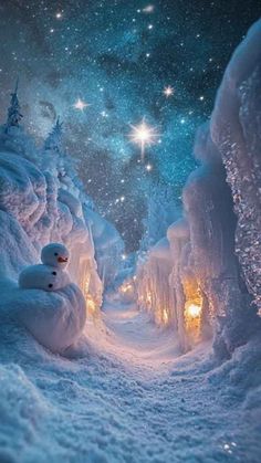 a snowman is standing in the middle of a snowy path with lights on it