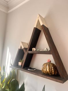 a wooden shelf with three triangular shaped shelves on top of it and a potted plant in the corner