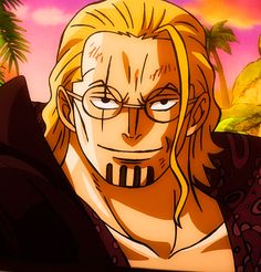 an animated image of a man with glasses and long blonde hair, in front of palm trees