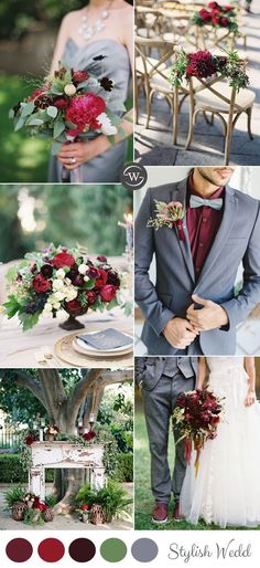 the color scheme is red, green and gray with burgundy accents for an elegant wedding