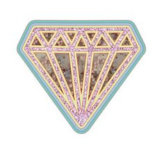 a diamond shaped sticker with pink and blue crystals on the bottom, sitting in front of a white background