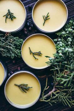 four small tins filled with liquid and herbs on top of a wooden table next to evergreen branches