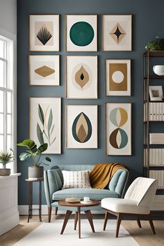 a living room with blue walls and pictures on the wall above the couch, along with a coffee table