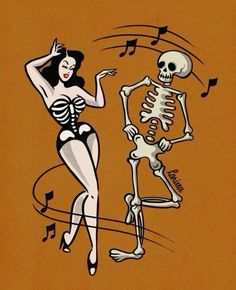 a woman in a skeleton costume is dancing with a skeleton on the ground and music notes behind her