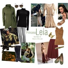 the princess leia costume is shown in multiple pictures, including shoes and clothing items