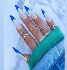 White And Blue French Nails, Nail Designs Summer Long, Dope Nail Designs Summer, Medium Coffin Nails, Blue French Nails, Spring Nails Coffin, Stilleto Nails Designs, Medium Coffin, Glamour Nails