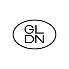 the gldn logo is shown in black and white, with an oval shape