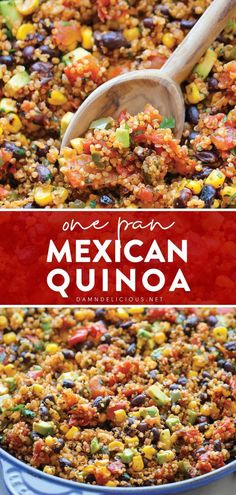 mexican quisadilla recipe in a blue pan with a wooden spoon