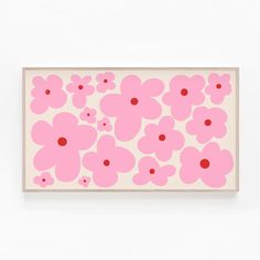 a painting with pink flowers on a white wall and red dots in the center, against a white background