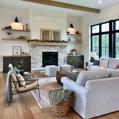 a living room filled with furniture and a fire place in front of a large window