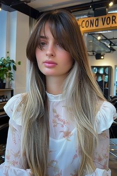 Woman with long, straight, light brown hair and soft curtain bangs Straight Hair With Curtain Bangs, Soft Curtain Bangs, Hair With Curtain Bangs, Curtain Bangs