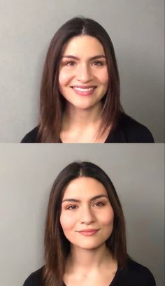 two pictures of the same woman's face, one smiling and one looking at the camera