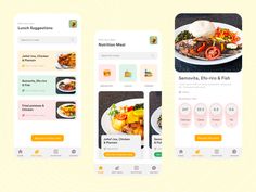 three screens showing food items on the app