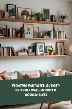 a living room filled with lots of bookshelves next to a wall mounted book shelf