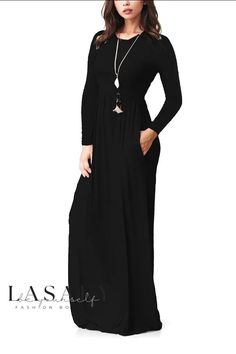 Lasaky - Elegant Long-Sleeved Belted Maxi Dress Elegant Long Sleeve Plain Maxi Dress, Casual Black Long Sleeve Maxi Dress, Plain Long Sleeve Maxi Dress For Fall, Black Long Sleeve Plain Dress, Modest Long Sleeve Plain Maxi Dress, Casual Long Sleeve Solid Color Maxi Dress, Casual Plain Maxi Dress For Fall, Casual Long Sleeve Maxi Dress For Fall, Casual Long Sleeve Plain Dress