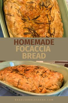 homemade focaccia bread in a casserole dish with text overlay