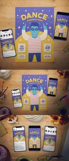 an advertisement for dance is displayed on a table with other items in front of it