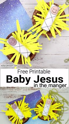 two paper dolls made to look like baby jesus in the manger with text overlay