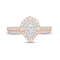 With playful details, this diamond bridal set complements her modern aesthetic. Fashioned in precious 10K rose gold, the charming engagement ring showcases a 1/8 ct. pear-shaped diamond. The double diamond-lined frame sparkles with a quartet of bezel-set diamonds while additional diamonds line the shank. The perfect complement, the coordinating diamond-adorned band completes her ensemble. Captivating with 5/8 ct. t.w. of diamonds and a bright polished shine, this bridal set is a great way to start your love story. Rose Gold Diamond Bridal Sets In Fine Jewelry, Rose Gold Diamond Bridal Set, Double Frame, Double Diamond, Diamond Bridal Sets, Bezel Set Diamond, Pear Shaped Diamond, Bridal Set, Modern Aesthetic