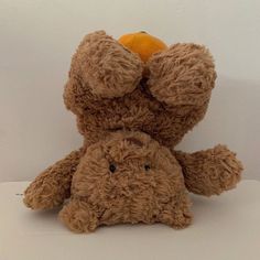 two brown teddy bears sitting next to each other on a white surface with one holding an orange