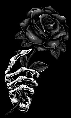 a skeleton hand holding a rose on a black background