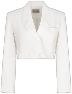 White Tailored Cropped Blazer, White Cropped Blazer For Office, Elegant White Cropped Bottoms, Chic White Cropped Blazer, White Fitted Button-up Bottoms, Fitted White Blazer With Button Cuffs, White Double-breasted Button-up Blazer, White Cropped Blazer, White Cropped Jacket