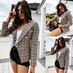 Girls Winter Jackets, Traje Casual, Fashion Autumn, Long Sleeve Plaid, Plaid Blazer, Plaid Jacket, Casual Coat