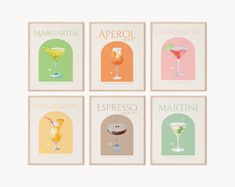 four posters with different types of cocktails on the front and back of each one